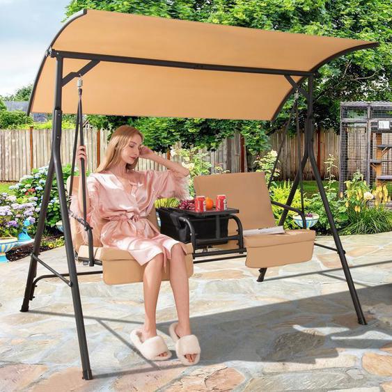 GOPLUS Balancelle de Jardin 2 Places 181x124x1615CM-Inclinable Ajustable avec Glacière-Plateau Rotatif à 360°-Porte-gobelets