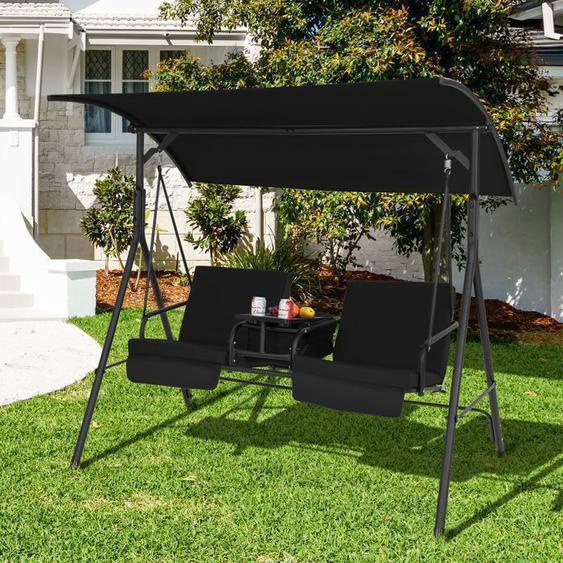GOPLUS Balancelle de Jardin 2 Places 181x124x1615CM-Inclinable Ajustable avec Glacière-Plateau Rotatif à 360°-Porte-gobelets Noir