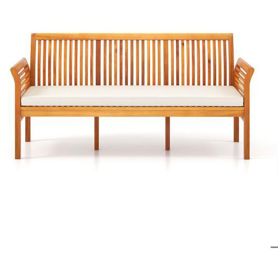 GOPLUS Banc de Jardin en Bois dAcacia de 159 cm pour 3 Personnes avec Dossier Haut/Accoudoirs Incurvés/Coussin de Siège Blanc