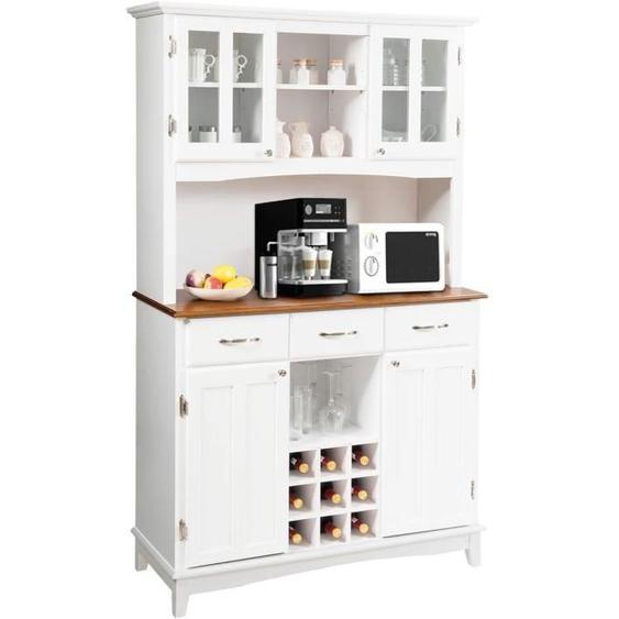 GOPLUS Buffet Haut, Buffet avec Huche, Placard de Cuisine, 9 Compartiments à Vin, 3 Tiroirs Utilitaires, Etagères Réglables, Blanc