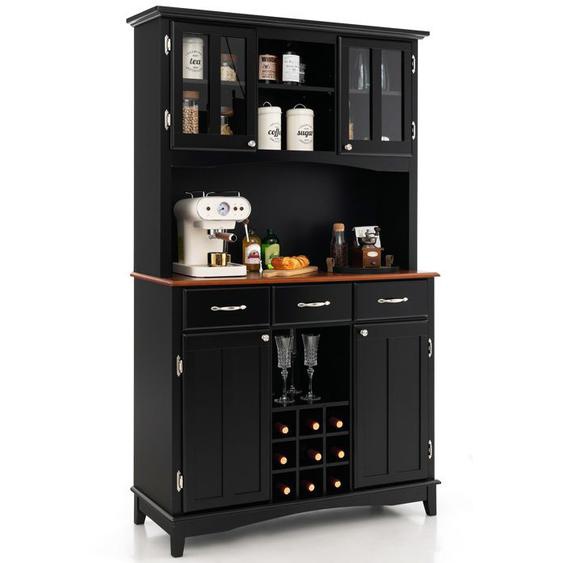 GOPLUS Buffet Haut, Buffet avec Huche, Placard de Cuisine, 9 Compartiments à Vin, 3 Tiroirs Utilitaires, Etagères Réglables,Noir