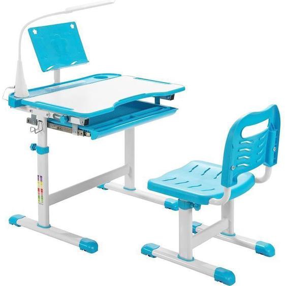 GOPLUS Bureau Enfant avec Chaise pour Enfants avec Lampe LED,Plaque de Table Inclinable,Hauteur et Angle Réglables,Bleu