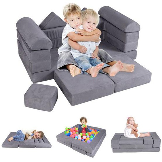 GOPLUS Canapé Bébé 9 Pièces en Mousse avec Housse en Tissu Daim-Charge 40KG Gris