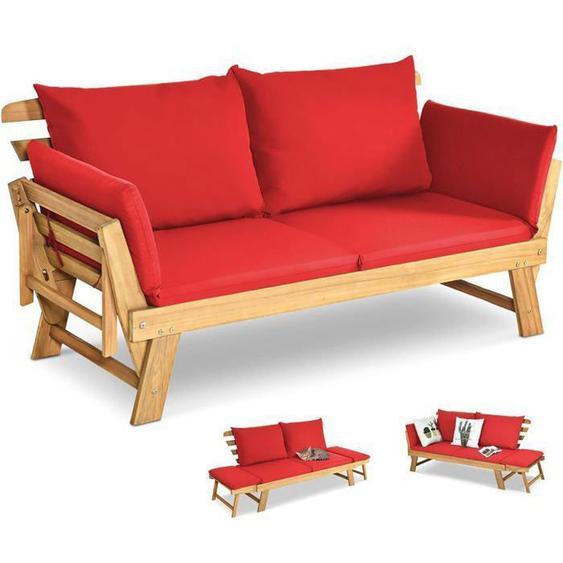 GOPLUS Canapé de Jardin Extensible 2 Places Charge 320 KG-Design 3 en 1 en Bois dAcacia Certifié FSC avec Coussins AmoviblesRouge