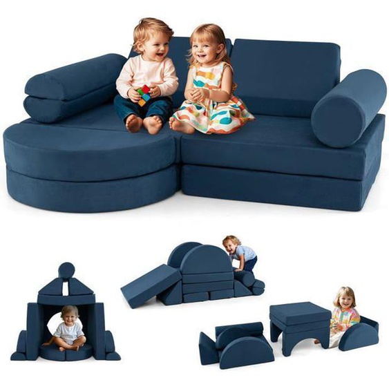 GOPLUS Canapé Enfant Convertible 13 PCS en Mousse-Housses Amovibles et Lavables-Chauffeuse Enfant 2 Places Transformable Bleu