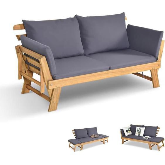 GOPLUS Canapé Lit de Jardin Extensible 2 Places Charge 320 KG-Accoudoirs Réglables/Coussins/Dossier Amovibles Gris