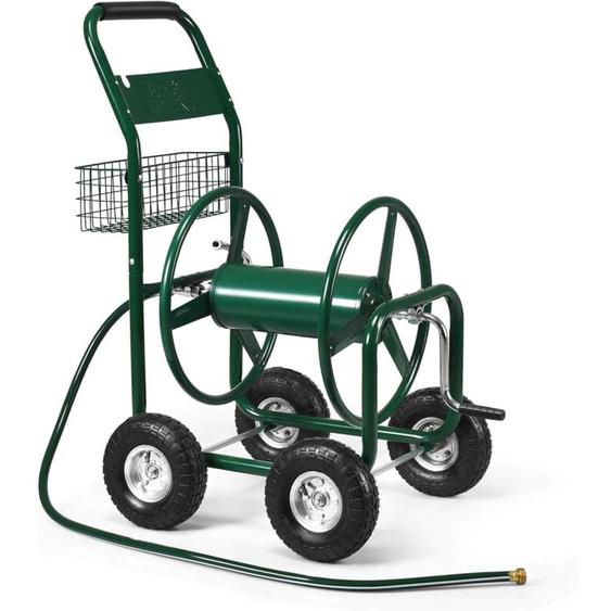 Goplus - Chariot Devidoir pour Tuyau dArrosage sur Roues pour Jardin, avec Panier de Rangement, dans Un Cadre Metallique Robuste, 96 x 62 X113CM,