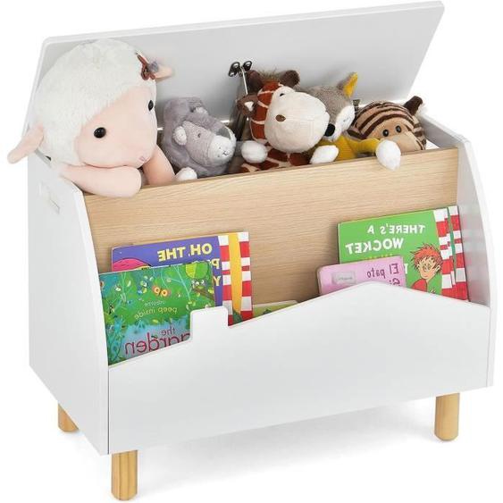 GOPLUS Coffres à Jouets pour Enfants,  60x33x37,5 cm, Boîte de Rangement de Jouets avec Pieds en Bois de Pin, Poignées, Blanc