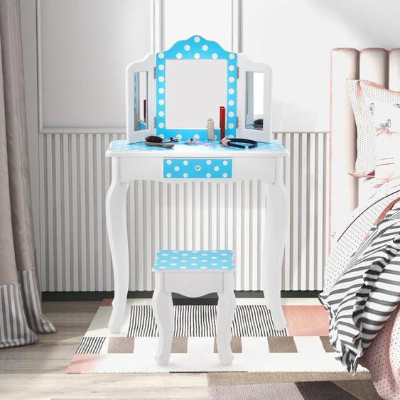 GOPLUS Coiffeuse Enfant avec Tabouret, 2 en 1 Table de Maquillage avec Miroir Rabattable, Tiroir Unique, Plateau Amovible, Bleu