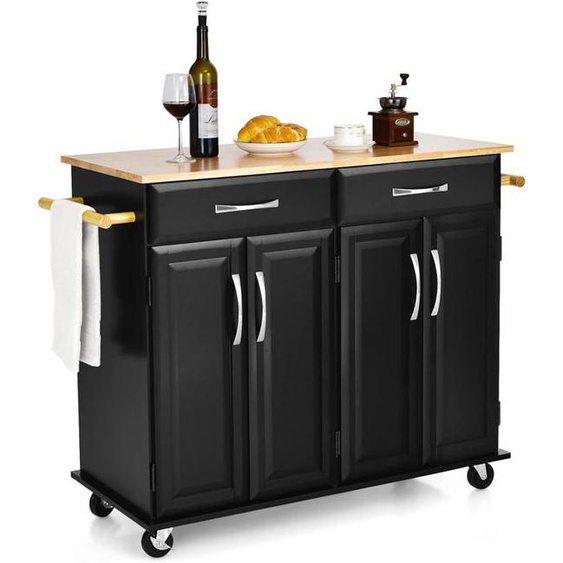 GOPLUS Desserte de Cuisine à Roulettes Verrouillables-2 Tiroirs,2 Porte-Serviettes,2 Armoires à Double Porte-Comptoir en Bois,Noir
