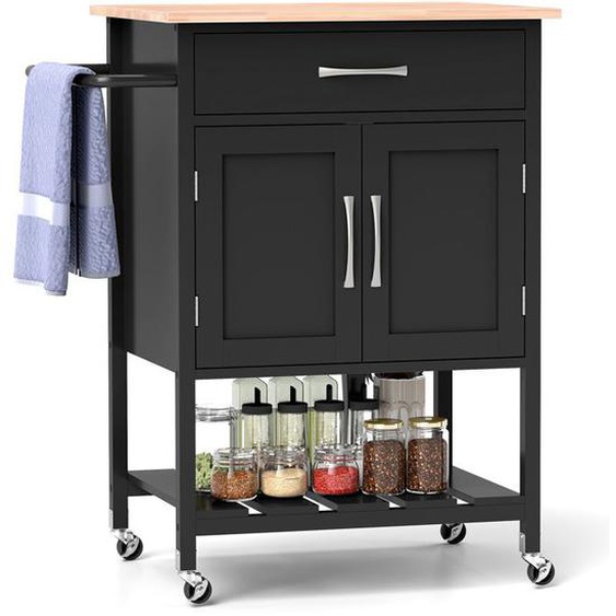GOPLUS Desserte de Cuisine Roulant 73x48x90CM avec Comptoir en Bois dHévéa,1Tiroir,1 Armoire à 2 Portes,1 Porte-serviettes,Noir