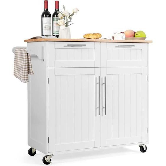 GOPLUS Desserte de Cuisine Roulant  94 x 45 x 94,5 cm, avec 2 Portes Placard de Rangement, 2 Tiroirs, Comptoir en Bois dhévéa,Blanc