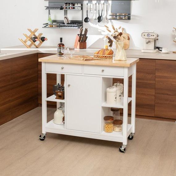 GOPLUS Desserte de Cuisine Roulant 99x46x90CM avec Etagères Ouvertes,Tiroirs et Armoire-Comptoir en Bois dHévéa Blanc