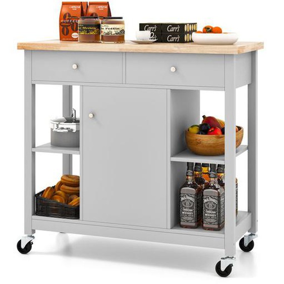 GOPLUS Desserte de Cuisine Roulant 99x46x90CM avec Etagères Ouvertes,Tiroirs et Armoire-Comptoir en Bois dHévéa Gris