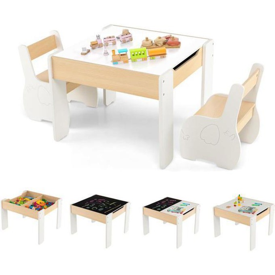 GOPLUS Ensemble Table et Chaises pour Enfants 3PCS Motif dÉléphant avec Plateau Rabattable, pour 3-6 Ans, Blanc