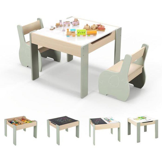 GOPLUS Ensemble Table et Chaises pour Enfants 3PCS Motif dÉléphant avec Plateau Rabattable, pour 3-6 Ans, Vert