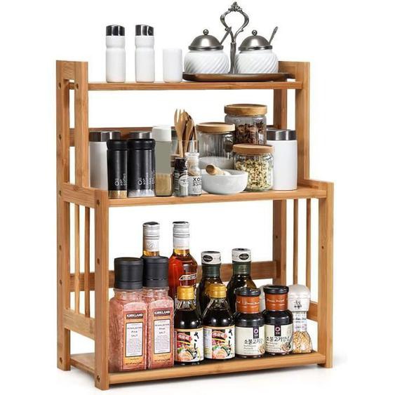 GOPLUS Étagère à Épices en Bambou Naturel,Porte-Épice à 3 Niveaux avec Tablette Hauteur Réglable,Étagère de Rangement ,41,5x18x50CM