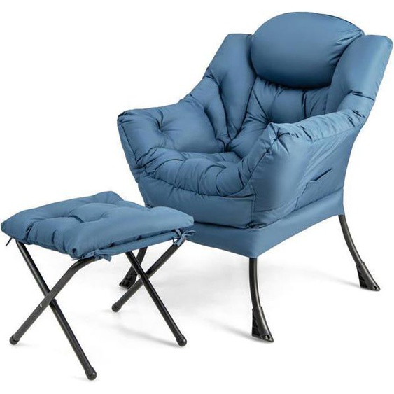 GOPLUS Fauteuil Salon avec Repose-Pieds Ottoman Pliant Charge 150KG+50KG-Pochette Latérale-Style Scandinave Bleu
