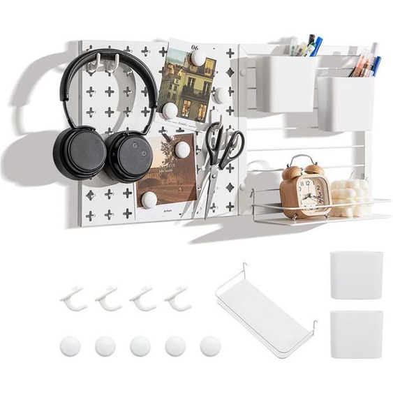 GOPLUS Kit dOrganisation Murale Combinée de Panneaux Perforés-2 Panneaux Perforés/Aimants/Crochets/Étagères/Récipients Blanc
