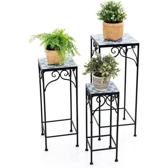 GOPLUS Lot de 3 Porte-Plantes en Métal, Support Pot de Fleurs Empilable avec Carreaux de Mosaïque, Étagères à Fleurs, Bleu
