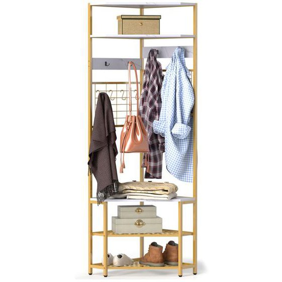GOPLUS Porte-Manteau dAngle H.183,5CM avec Banc à Chaussures,5 Etagères de Rangement et 12 Crochets-Cadre en Métal Blanc