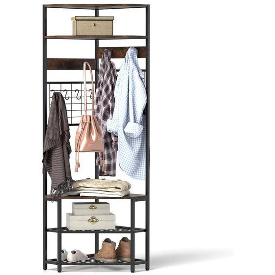 GOPLUS Porte-Manteau dAngle H.183,5CM avec Banc à Chaussures,5 Etagères de Rangement et 12 Crochets-Cadre en Métal Marron