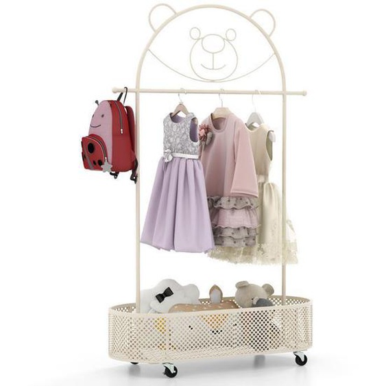 GOPLUS Porte-Vêtements pour Enfants sur Roulettes avec Panier-3 Hauteurs Réglables-Fabriqué en Métal en Forme dOurs Mignon Beige