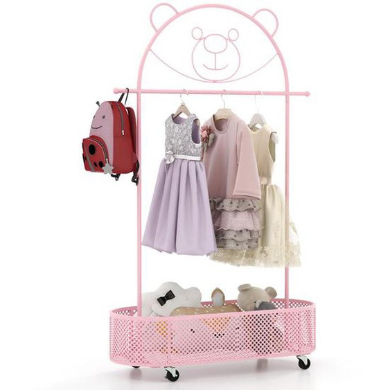 GOPLUS Porte-Vêtements pour Enfants sur Roulettes avec Panier-3 Hauteurs Réglables-Fabriqué en Métal en Forme dOurs Mignon Rose