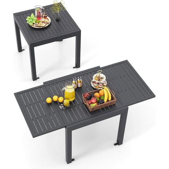GOPLUS Table à Manger de Jardin Extensible de 80 à 160CM en Aluminium pour 4 à 6 Personnes-Plateau à Lattes Charge 160KG Gris