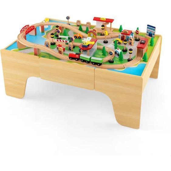 GOPLUS Table Circuit de Train Enfant 3 Ans+ en Bois,84Pcs Train Bois Jouet avec Plateau Réversible&Amovible