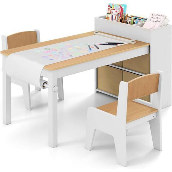GOPLUS Table dActivités et dArt avec 2 Chaises pour Enfants-Rouleau de Papier-Support-Etagères de Rangement-4 Bacs en
