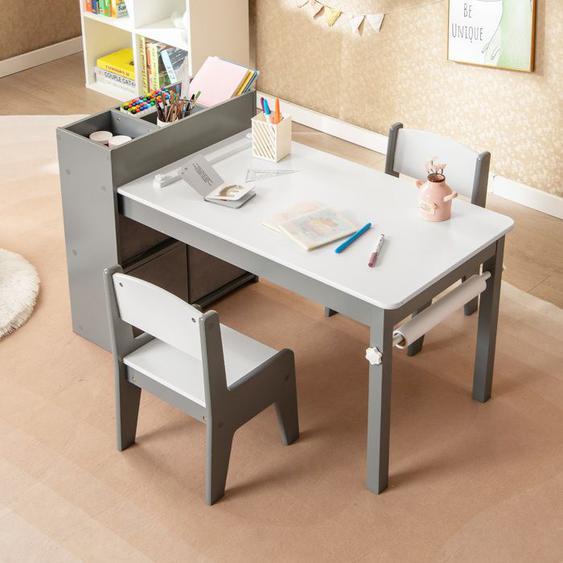 GOPLUS Table dActivités et dArt avec 2 Chaises pour Enfants-Rouleau de Papier-Support-Etagères de Rangement-4 Bacs en Tissu-Gris