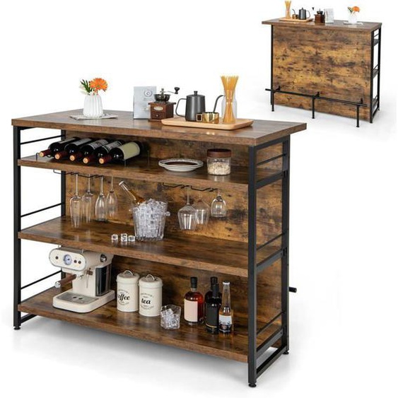 GOPLUS Table de Bar Industrielle, Îlot de Cuisine avec Plan de Travail, Étagères, Casier à Vin, Porte-verres & Repose-pieds, Marron