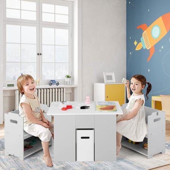 GOPLUS Table Enfant avec 2 Chaises 3 Ans+,Table dActivités 4 en 1 avec Banc de Rangement,Boucle de Sécurité,Charge 30kg