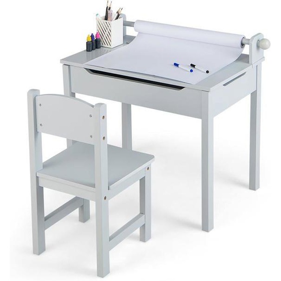 GOPLUS Table Enfant avec Chaise 3+ Ans-Table à Dessin Enfant avec Rouleau du Papier-Bureau d’Écriture en Bois avec Rangement Gris
