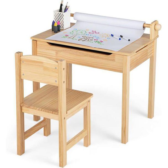 GOPLUS Table Enfant avec Chaise 3+ Ans-Table à Dessin Enfant avec Rouleau du Papier-Bureau d’Écriture en Bois avec Rangement