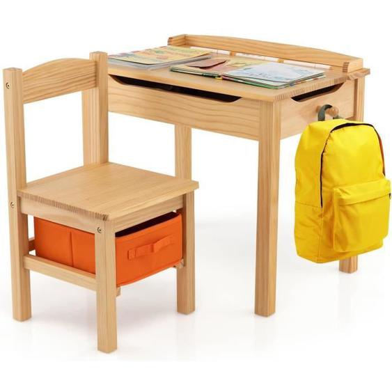 GOPLUS Table et Chaise pour Enfant 3 Ans+,avec Planteau Incliné,Table dActivités en Bois avec Tiroir,Charnière,Naturel