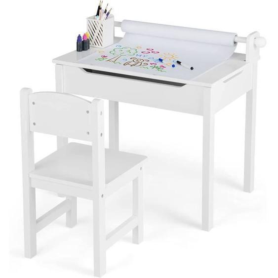 GOPLUS Table et Chaise pour Enfants,avec Rouleau du Papier pour Enfants,avec Espace de Rangement-Pieds en Bois de Pin,Blanc