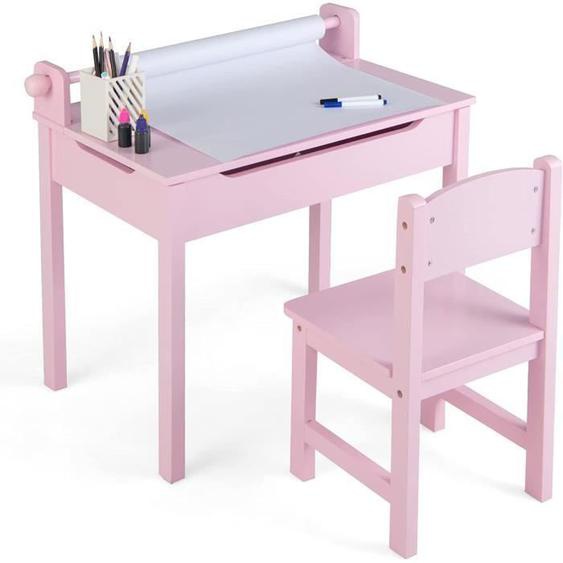 GOPLUS Table et Chaise pour Enfants,avec Rouleau du Papier pour Enfants,avec Espace de Rangement-Pieds en Bois de Pin,Rose