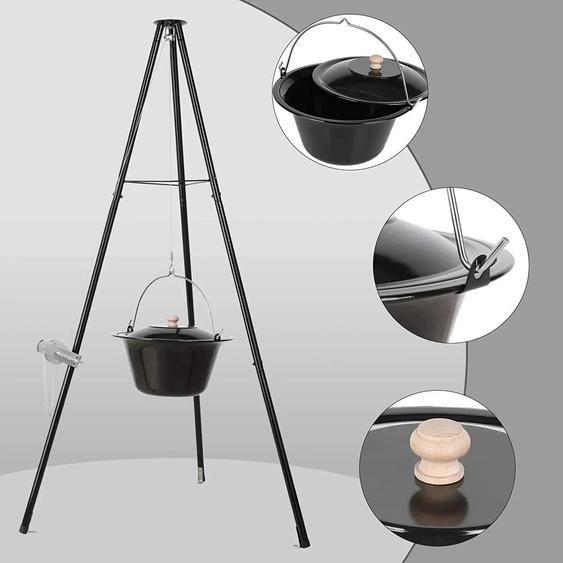 Goulash hongrois - Tripode télescopique - 30 L - Emaillé, Fonte - Chaîne 250 cm, hauteur réglable - Tripode 151-170 cm - Avec couvercle - Gris