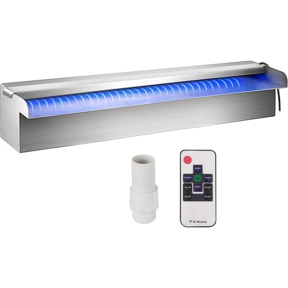 Gouttière de piscine à débordement 30 x 11,5 x 8 cm, fontaine de piscine en acier inoxydable avec bande LED colorée Raccord de tuyau Télécommande résistant à la corrosion pour bassin Piscine