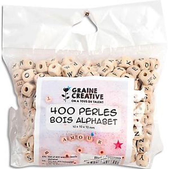GRAINE CREATIVE Lot de 400 perles en bois alphabet en bois, coins arrondis, lettre imprimées 1 cm de côté