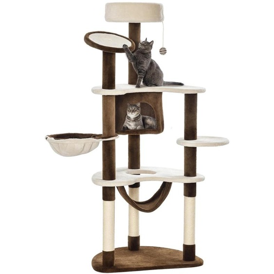 Grand arbre à chat - Arbre descalade pour chats - 5 niveaux, 65x50x153 cm - Avec une cachette, un hamac et des jouets. Colonnes en sisal, revêtement en peluche - Couleur : marron et crème