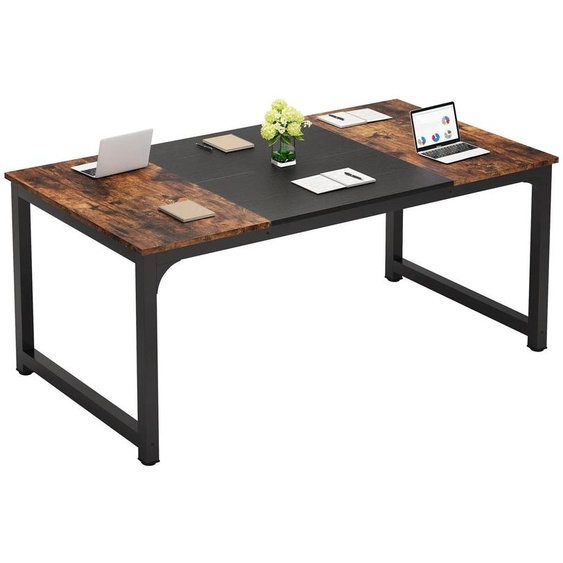 Grand bureau dordinateur - Bureau pour le télétravail - 178 x 79 x 74 cm - Plateau rectangulaire en bois - À monter - Marron vintage/noir