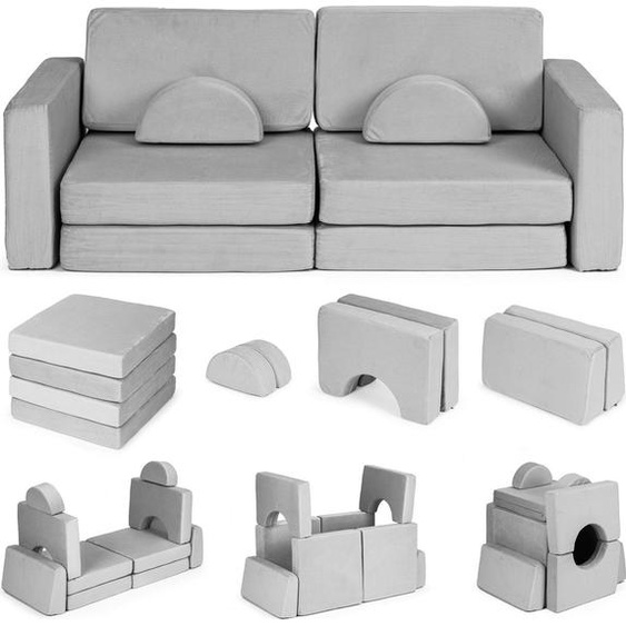 Grand canapé pliable modulable 2 places pour enfant DIY avec 10 coussins moelleux - gris ECOTOYS