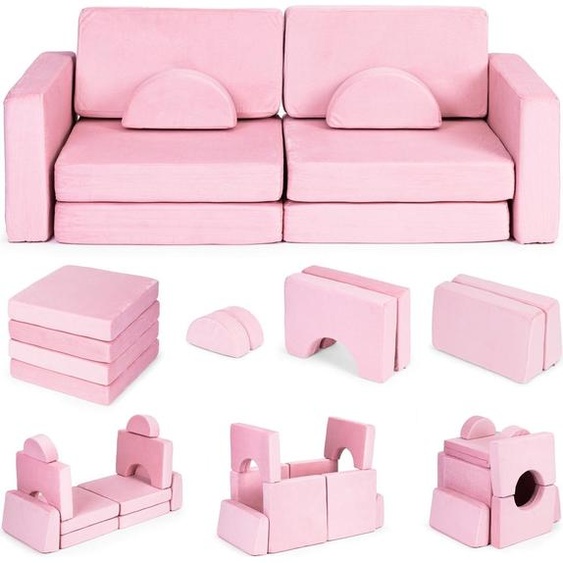 Grand canapé pliable modulable 2 places pour enfant DIY avec 10 coussins moelleux - rose ECOTOYS