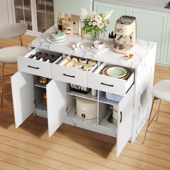 Grand Îlot de Cuisine 120x60x90,5cm avec Plateau Marbre Blanc, 3 Tiroirs Amortis, 3 Portes et Étagères Réglables, Inclut un Espace Bar