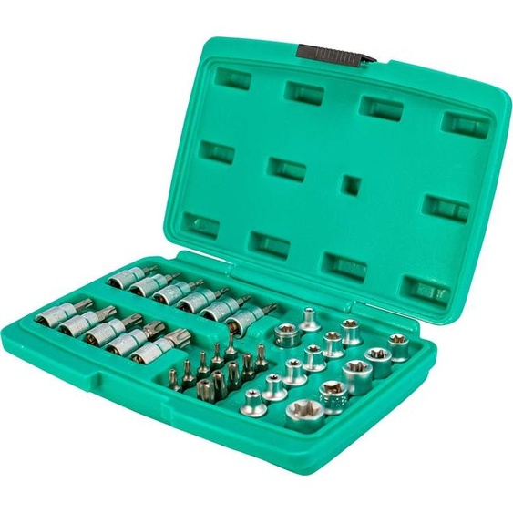 Grand jeu dembouts Torx et de clés à douille 34 pièces - 3/8 douille | WIESEMANN 80164 | acier allié Q-30 | embouts pour vis Torx internes et externes | embouts pour vis Torx inviolables