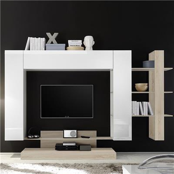 Grand meuble TV blanc laqué et couleur chêne clair BALBINA