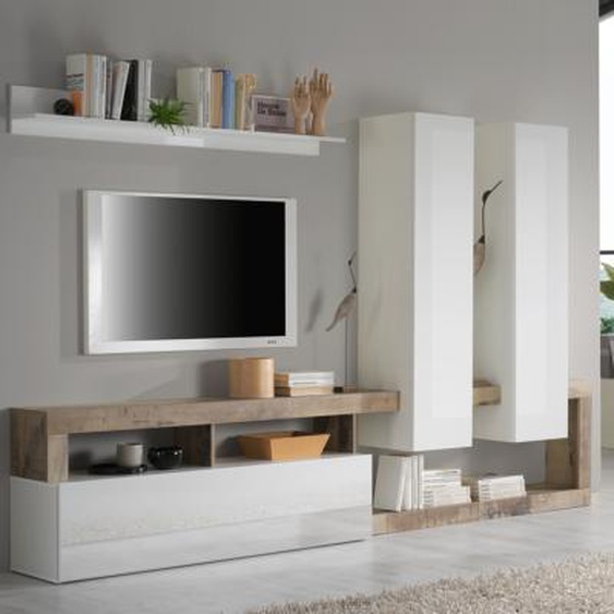 Grand meuble TV mural blanc et couleur bois vieilli AMBER